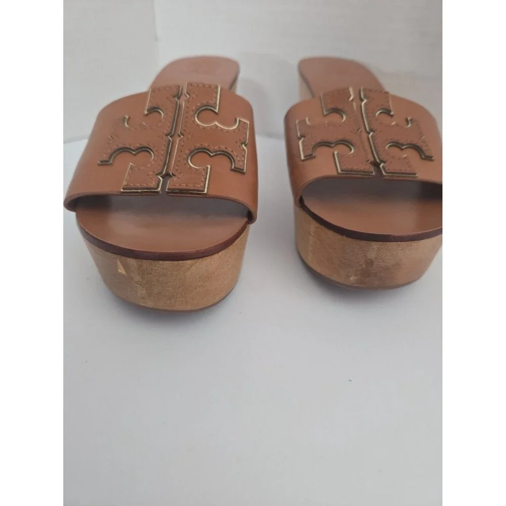 Tory Burch ines brown leather Wedge platform Slide Sandals Women’s Size 6-1/2M